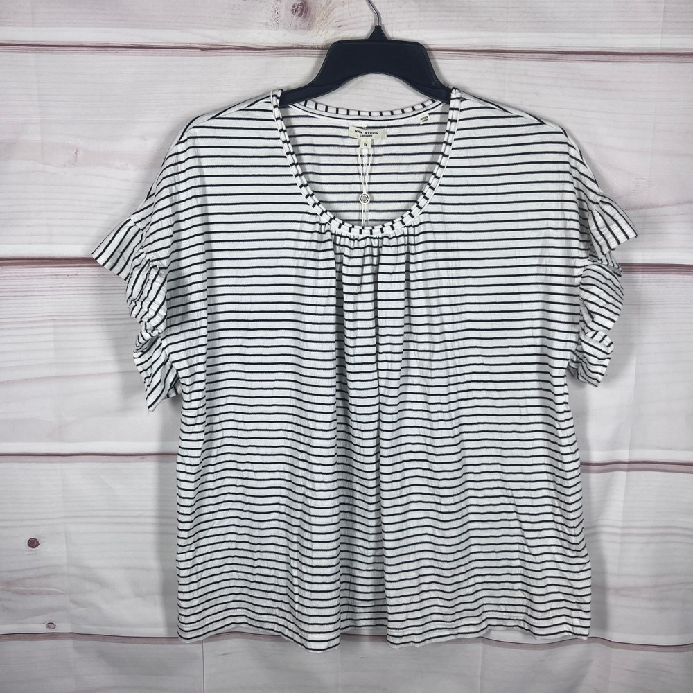 Max Studio Top Womens 1X White Striped Ruffle Sleeve Scoop Neck T-Shirt Textured